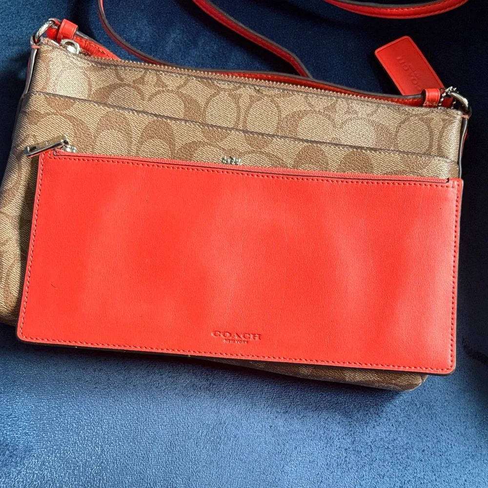 Coach Brown Logo and Coral Crossbody Bag with Removable Pouch and Zipper Top